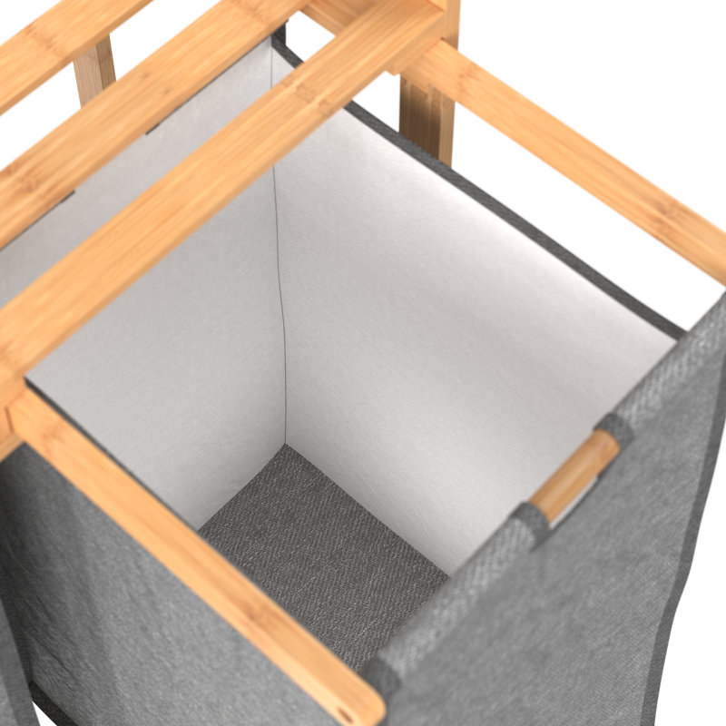 Natural Bamboo Dual Compartment Laundry Sorter with Gray Bags