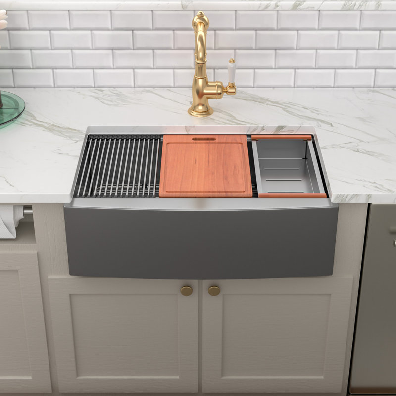 30" L x 22'' W Nano Titanium Plated Stainless Steel Farmhouse Workstation Kitchen Sink, Gunmetal Black Single Bowl Kitchen Sink with Accessories