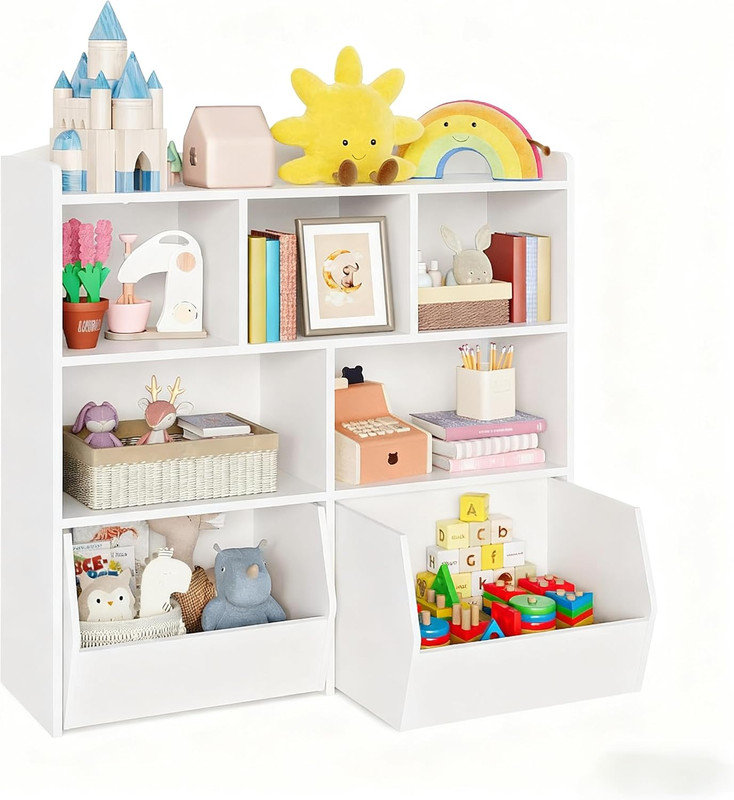 Toy Storage Organizer with 5 Cubbies & 2 Movable Drawers, Kids Bookshelf with Hidden Wheels, White