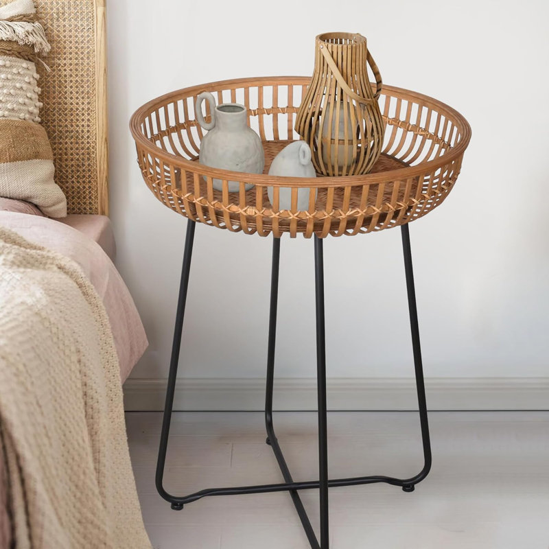 Bamboo And Rattan Round Side Table With Boho Style, Multi-Functional Accent Table For Living Room, Bedroom, Or Balcony