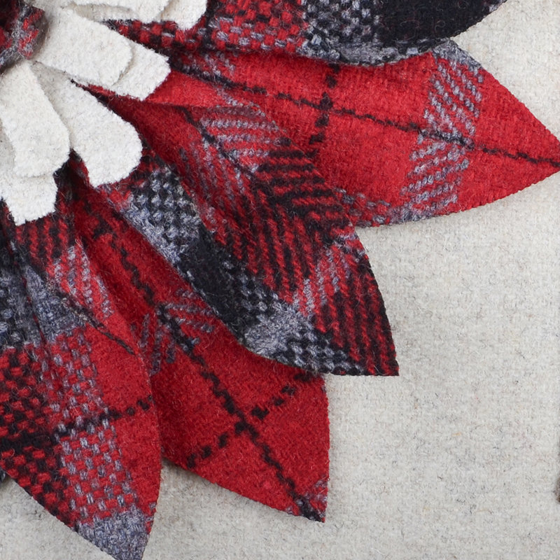Housse de coussin décoratif fait à la main à motif floral 3D, 14 po x 20 po, Carreaux gris et rouge - laine