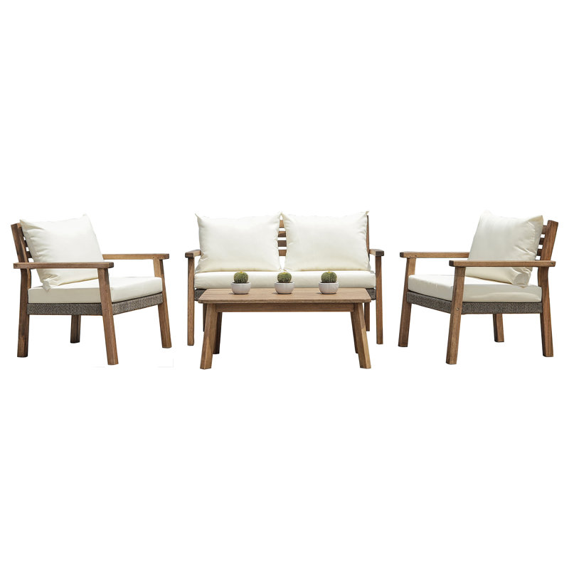 Ensemble de conversation pour patio pour 4 personnes avec coussins Arline Acacia, Naturel / Beige