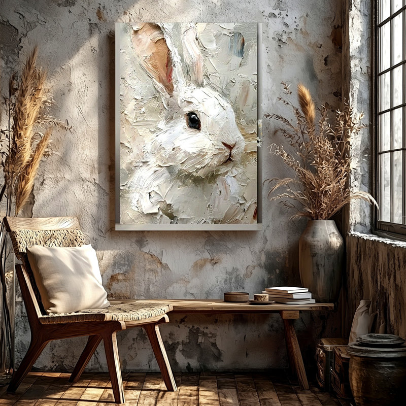 Lapin blanc, empâtement sur toile texturée, reproduction d'art animalier neutre, salon chambre bureau, couloir, décoration murale surréelle moderne pour appartement, loft, entrée, maison, style