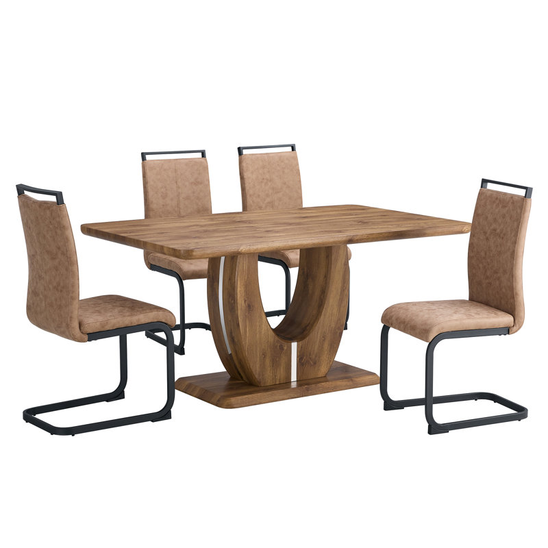  Aria Modern Solid Wood Pedestal Dining Set with High-Back Upholstered Chairs (Set of 5), 5