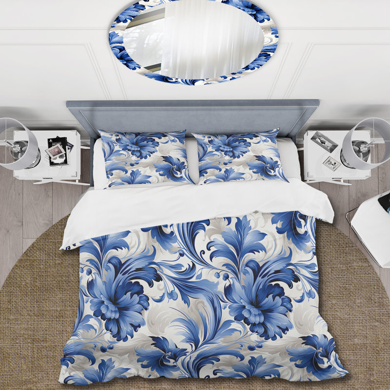 Literie à motif victorien tourbillons ornementaux bleus, Housse de couette simple + 1 taie décorative stan