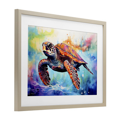 Tortue de mer sur aquarelle, reproduction encadrée sous verre, design par LSR Design Studio