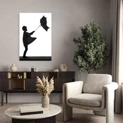 1920S Anonymous Silhouette Of Little Girl With Umbrella Turned Inside Out In The Wind Classic Retro Vintage Nature Landscape Wall Art
