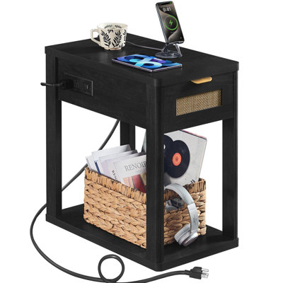Narrow Side Table with Charging Station, 24'' Rattan Night Stand with Drawer Storage, Bedside End Table with Metel Handle for Small Spaces, Wood Boho Nightstand for Living Room Bedroom (Black)