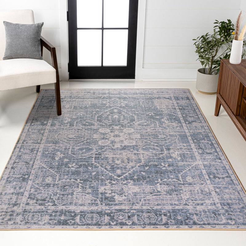 Tapis bleu / gris clair Shaii Global Medallion, Rectangle 7 pi 10 po x 10 pi