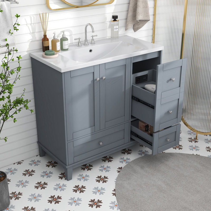 Meuble-lavabo simple autoportant 36 po avec plateau en résine Chrishad, meuble-lavabo avec charge USB, 2 portes et 3 tiroirs