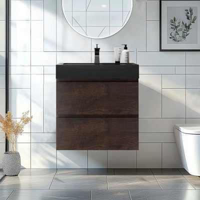 Modern 24" Walnut Bathroom Vanity With Sink, Large Storage Wall Mounted Floating Bathroom Vanity One-Piece Sink Basin Without Drain And Faucet