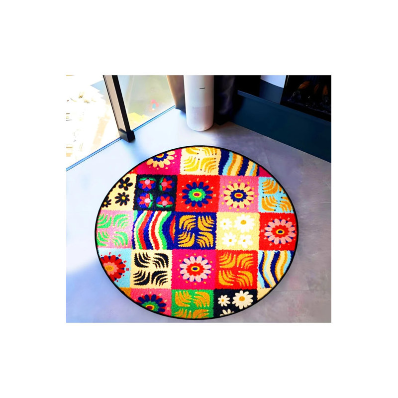 Multicolored Patchwork Patterned Woven Base Decorative Carpet, Round 3'4"