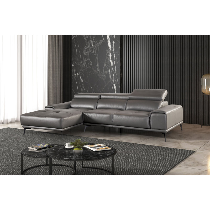 Canapé modulaire contemporain de 111 po de largeur, méridienne gauche, Cuir gris assorti, Face à la gauche