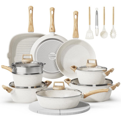 24 Pcs Pots and Pans Set, Non Stick Ceramic Cookware Set with 3 Stockpots, Healthy Non-Toxic, Large Capacity, Induction Compatible, PFAS/PTFE/PFOA Free, Cream White