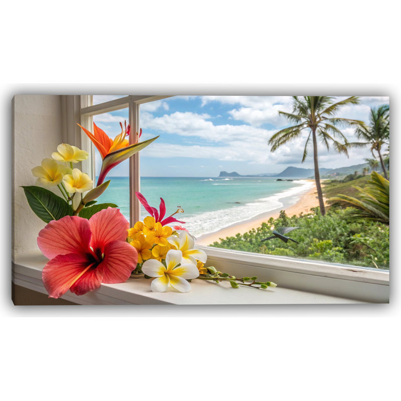 Hibiscus rivage à travers une fenêtre ouverte, H 20 po x l 40 po