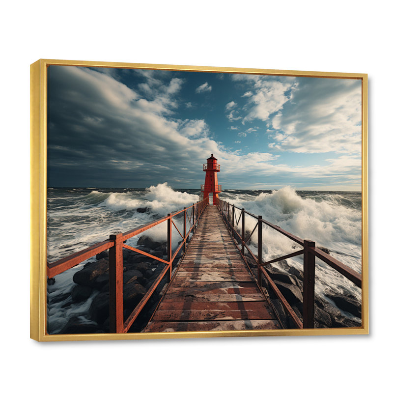 Pier Whispering Waves V - imprimé, 12" H x 20" W, Cadre flottant doré