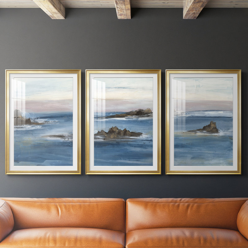 «Merging the Ocean I», impression sur mesure encadrée de qualité supérieure - 3 pièces, H 21 po x l 30 po, Doré