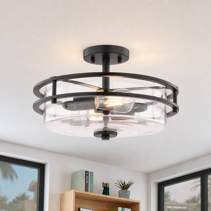 Plafonnier semi-encastré rond avec verre transparent 2 lumières Grace, noir mat, compatible avec DEL, largeur 14,75 po