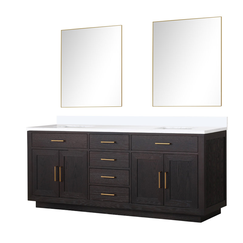 Ensemble de meuble-lavabo double 80 "avec miroir, Chêne brun, Quartz blanc