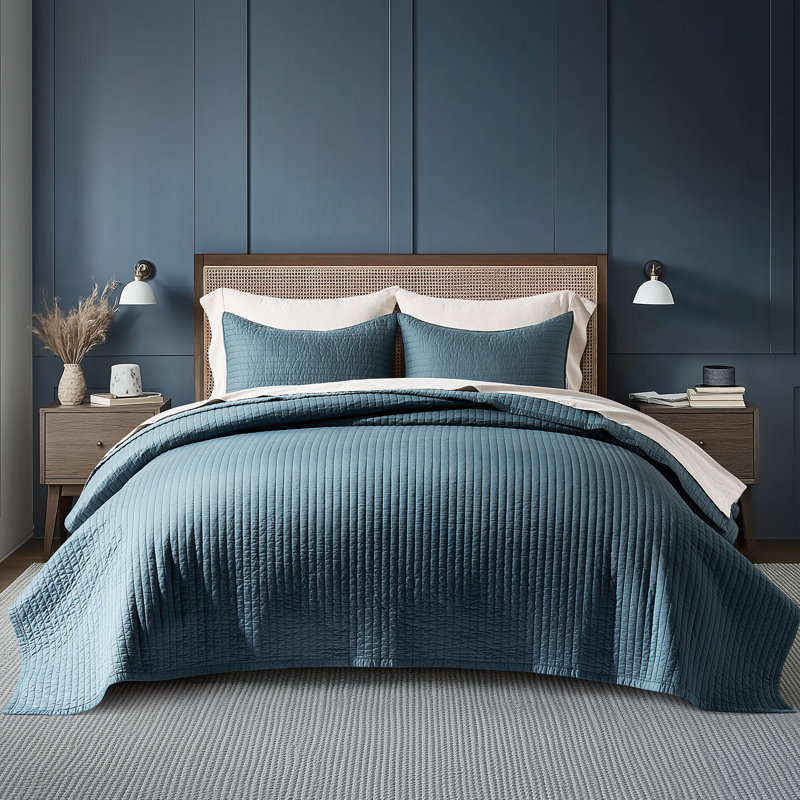 Ensemble de courtepointe en coton et satin, Bleu Sonoma, Courtepointe pour lit grand + deux taies décorati