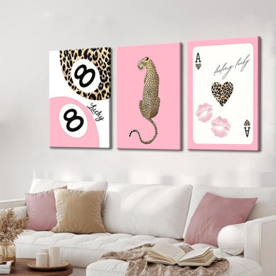 Ensemble de 3 impressions sur toile léopard rose tendance guépard chanceux 8 affiches de balles Preppy Cheetah Esthétique, décoration murale pour chambre à coucher, appartement, dortoir, décoration 12 x 16 po