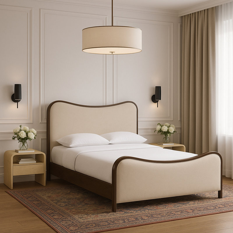 Lit tapissier Arvada, King, Crème végétalien en cuir / brossé en noyer