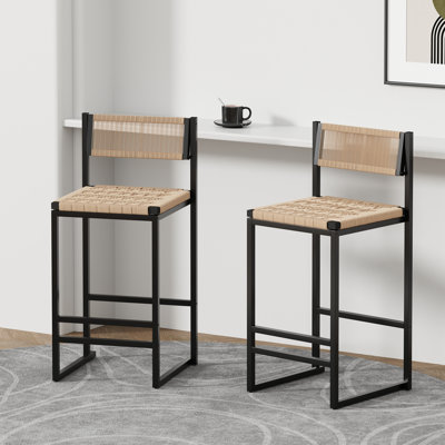Kitchen Bar Stools With Footrest Set Of 2 Paper Rope Weave Dining Chairs Counter Height Barstool (Style B Black & Honey)
