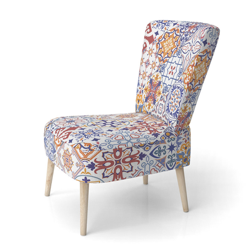 Chaise d'appoint rembourrée à motifs bleus et dorés