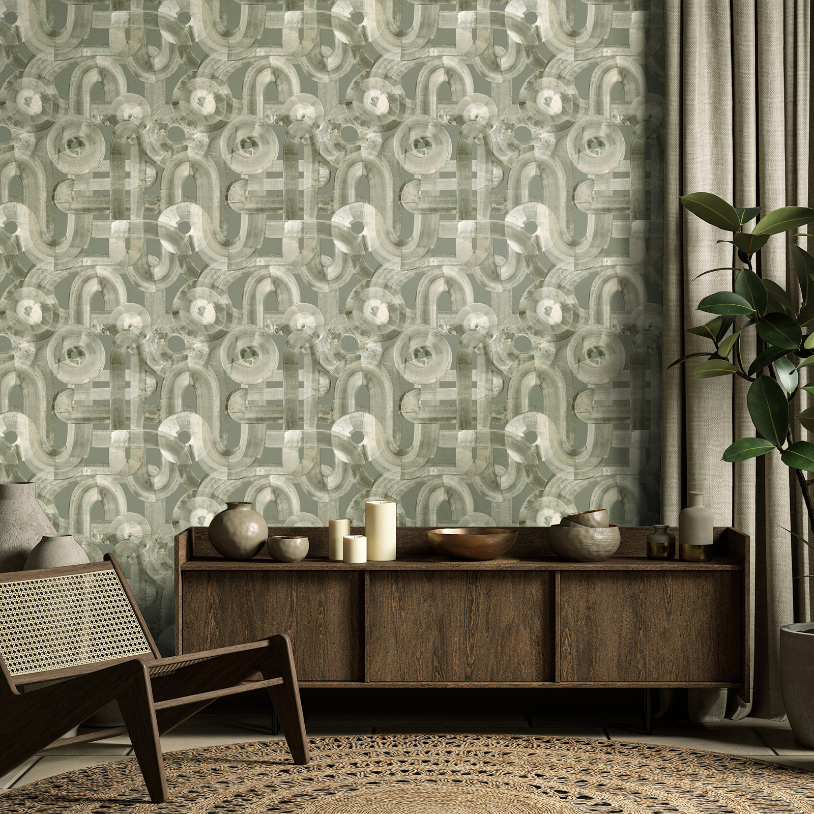 Salt Sheen Finish Penello Brush Dance Design Wallpaper Roll, Green