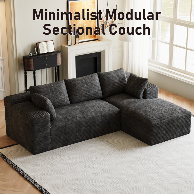 Freely Movable Modular Boneless Sectional Sofa Corduroy Couch For Living Room, Dark Gray Corduroy, Right Hand Facing  