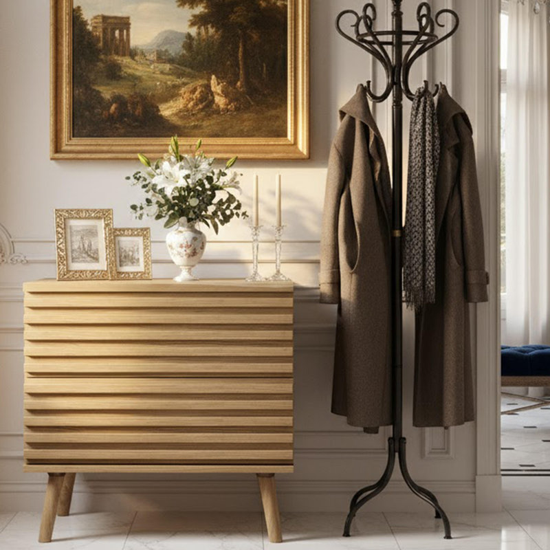Table de chevet cannelée moderne à 2 tiroirs 23 po avec finition grain de bois et rangement