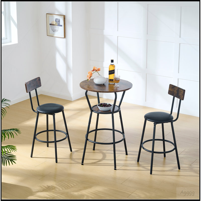 Ensemble de table de bar ronde et de tabouret avec tablette, tabouret rembourré avec dossier, brun rustique, l 24,17 po x P 24,17 po x H 36,02 po