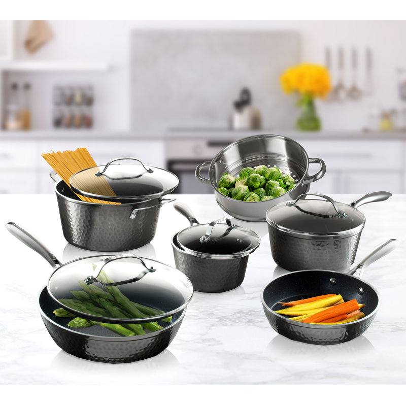 Granitestone Hammered 10 Piece Aluminum Nonstick Cookware Set with Stay Cool Handles, Black