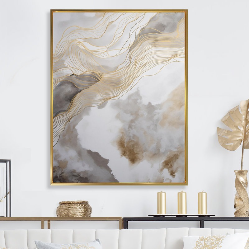 Gold and Grey Abstracted Line Artistry V - Print on Canvas, 44" H x 34" W x 1.5" D, Gold Floater Framed