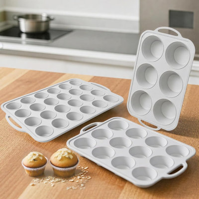 3-Pack Silicone Muffin Pan Set with Metal Frame, 6-Cup Large 12-Cup Regular 24-Cup Mini Baking Tray with Handles
