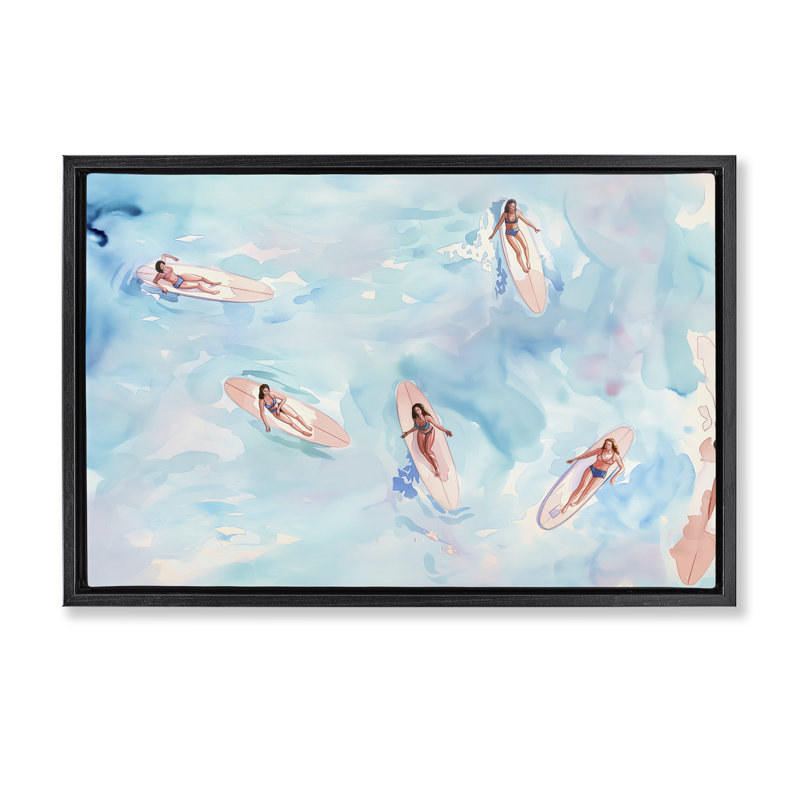  «Surfer Girls on Sea» par Arlington Prints, Cadre flottant noir de jais, H 17 po x l 25 po