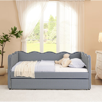 Lit de jour simple en lin bleu marine avec couchette, apparence confortable, forme ondulée, fonction de charge, multifonctionnel pour le repos et le divertissement, sécurité des coins arrondis, étapes d'assemblage simples, style,