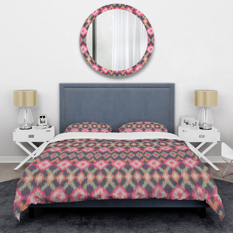 Ensemble de housse de couette à motif rose Ikat, Housse de couette pour grand lit et 2 taies décor