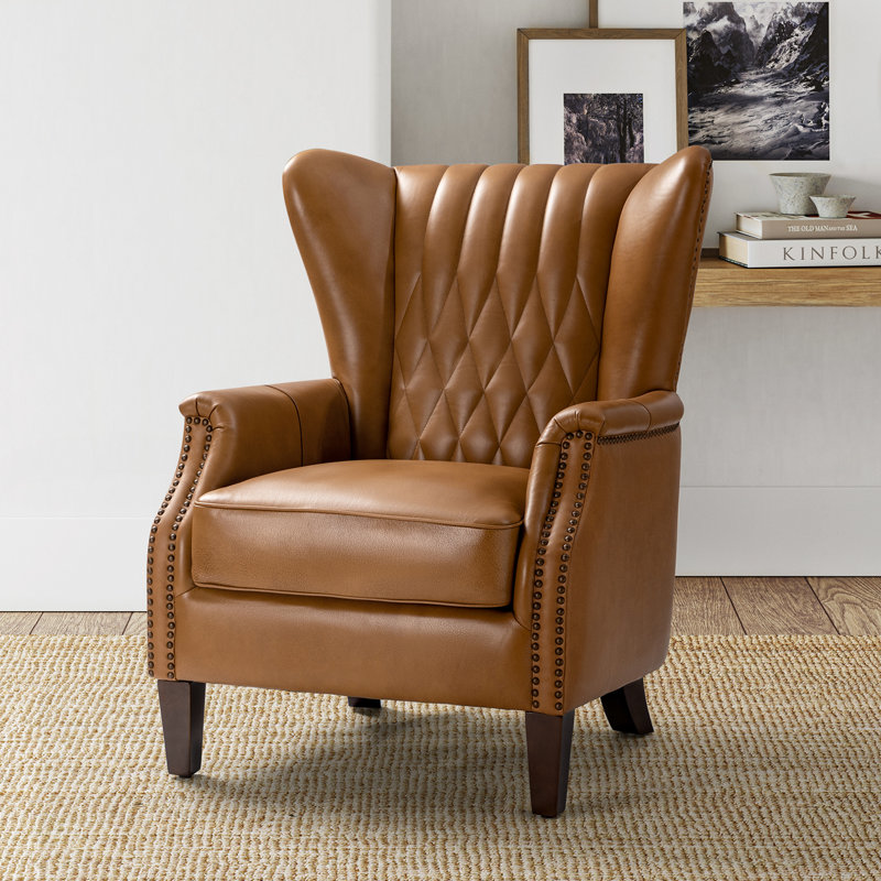 Ameliah Genuine Leather Wingback Club Chair for Office & Home, Camel Genuine Leather