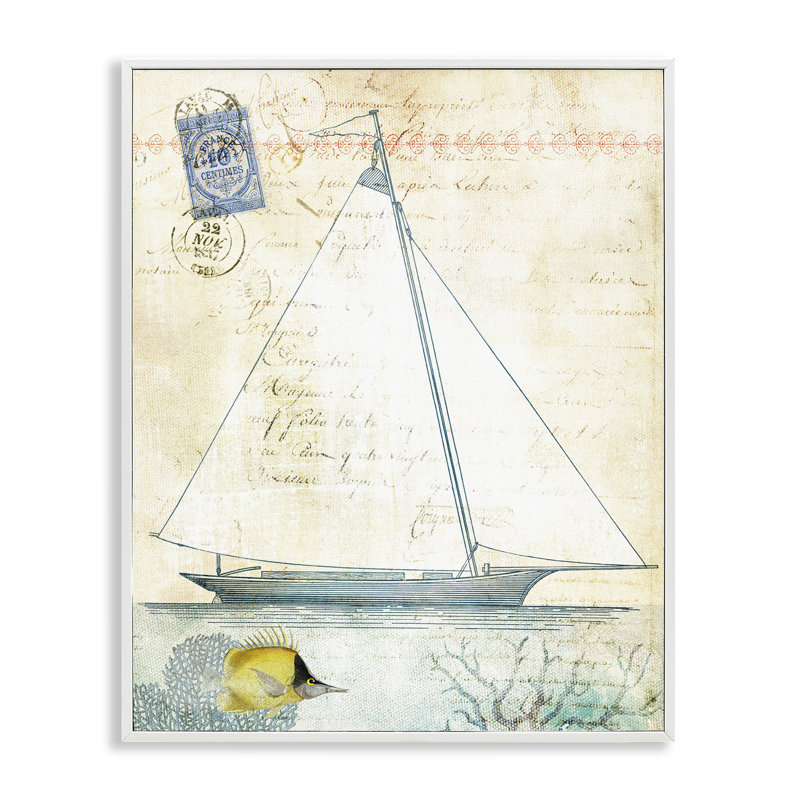 Voilier rétro et timbre postal encadré, art par Susan Arnot, H 30 po x l 24 po, Estampe numérique encadrée blanc bord de mer
