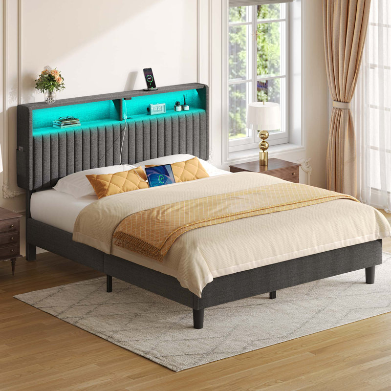 Bed Frame with Headboard, Modern Upholstered Design, Built-In Charging Station & LED Lighting, No Box Spring Needed, Gray
