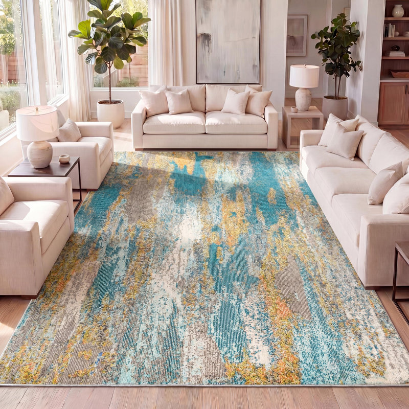 Tapis bleu / brun / orange Lasley, Rectangle 7 pi 9 po x 10 pi