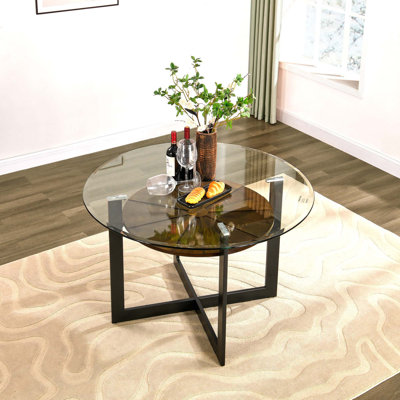 Wexford Collection Round Glass Top Dining Table, Mid-Century Modern Dining Table with Wood Shelf and Metal Frame