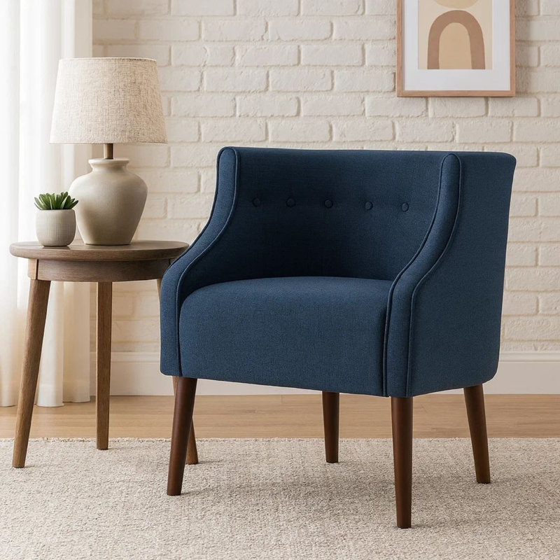 Fauteuil club décoratif, dossier courbé, capitonné, tissu bleu marine, Marine