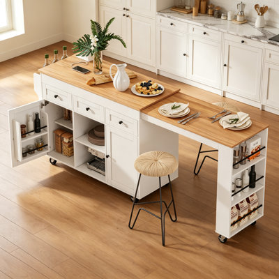 85.5" Kitchen Island with Extendable Dining Table, Kitchen Storage Table with 3 Side Open Shelves, Rolling Kitchen Island with Power Outlet, 3 Drawers