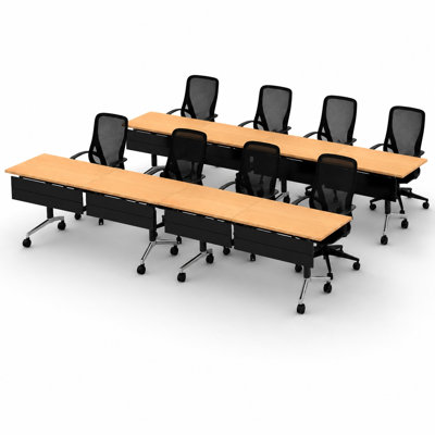8 Person Fold-up Training Tables, Extra Long for Seminars and Conferences with Thick Tops, Fold-Up Legs & Integrated Power Boxes includes commercial Office Chairs.
