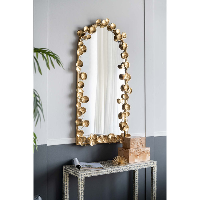 Full Length Arched Wall Mirror with Golden Leaf Accents