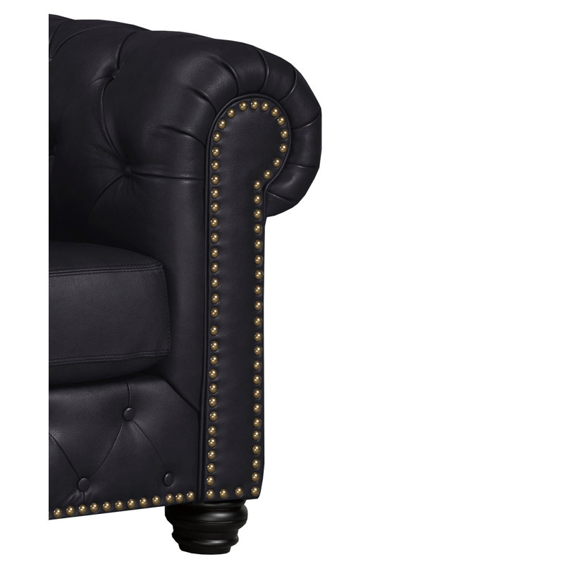 Toddington 48" Wide Tufted Genuine Leather Armchair, Black Leather Match
