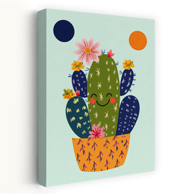 Happy Potted Cactus Colorful Playful Abstract Cactus Plant Succulent Flower Landscape Wall Art Print by Mathieu - Wrapped Canvas Print