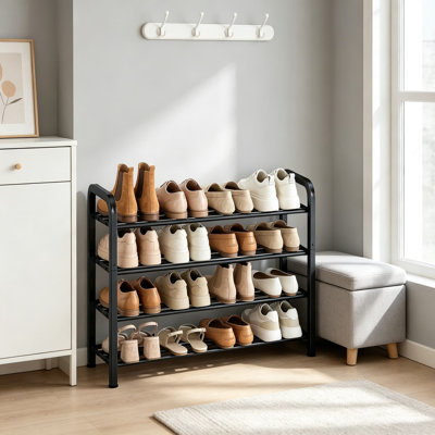 4-Tier Expandable Shoe Rack, 16 Pairs Adjustable Shoe Shelf for Closet, Entryway, Hallway, Garage, Dorm, Heavy-Duty Metal Shoe Organizer for Small Spa